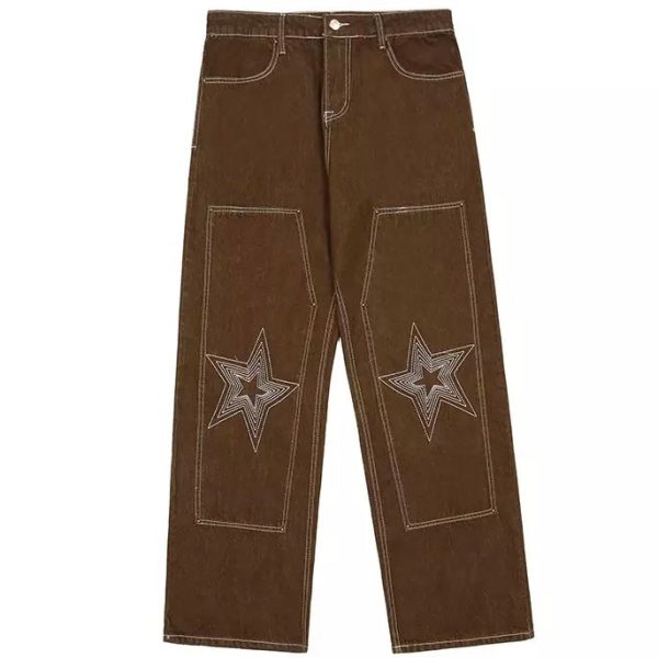 Stars Embroidered Brown Jeans